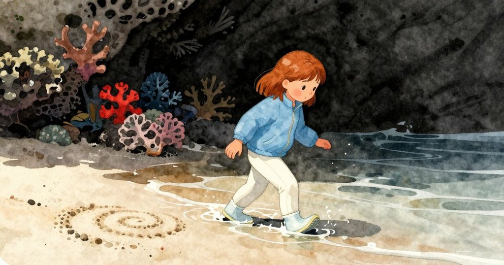 羅莎在淺水區邊緣涉水,注視著沙上旋渦印記,背景是珊瑚礁,展現開端的神秘氣氛
