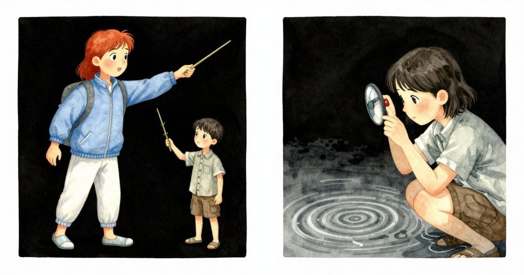 分割畫面中,男子用竹製指針指向沙上螺旋印,女子拿著玻璃觀測器仔細觀察,表露探險興奮心情