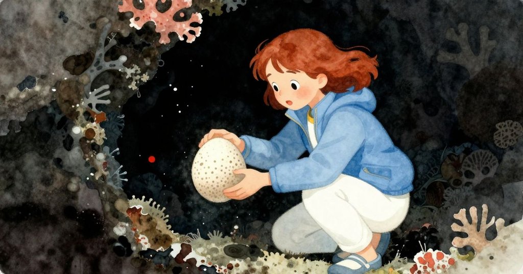 羅莎在昏暗的珊瑚下角蹲下,小心拾起脆弱蛋殼,背景隱約見珊瑚結構,展現發展關鍵場景