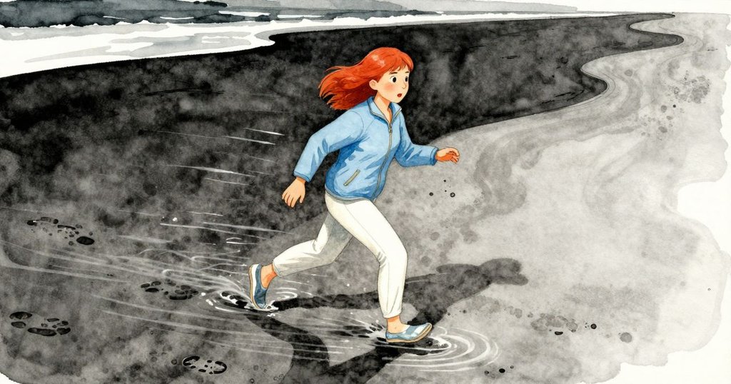 羅莎在濕滑沙灘上前行,步履帶動水紋與消逝足跡,呈現動態旅程和大海合奏發展高潮