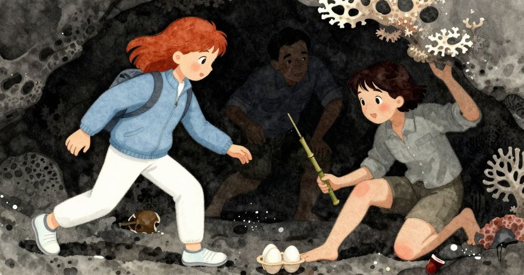 羅莎輕柔將脆弱蛋殼放回珊瑚遮蔽處,男子在旁關注,展現結局中自然和諧與心靈寧靜