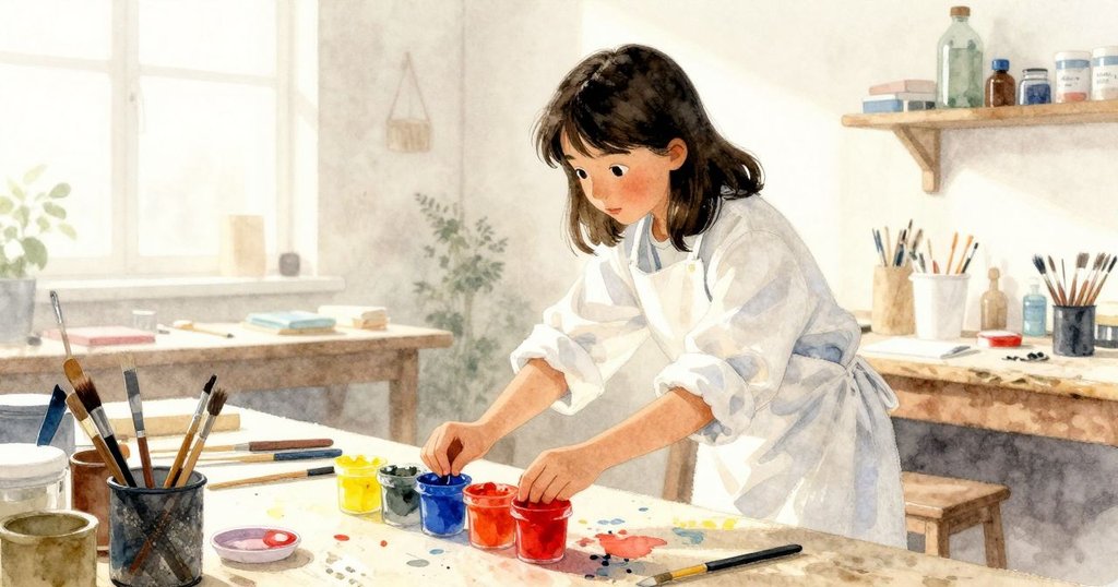 Iris在明亮工作坊裡整理顏料杯，注意到第三與第四杯之間的空隙，表情沉靜，柔和晨霧氛圍。