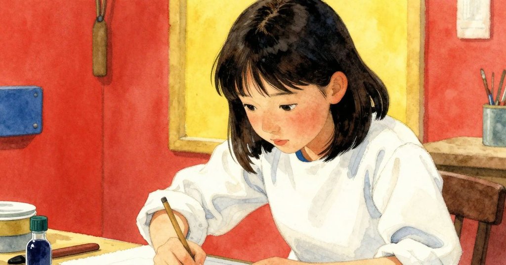 Iris凝視空隙，面部特寫中展現出好奇與鎮定，背景隱約見工作坊氛圍，表情專注。