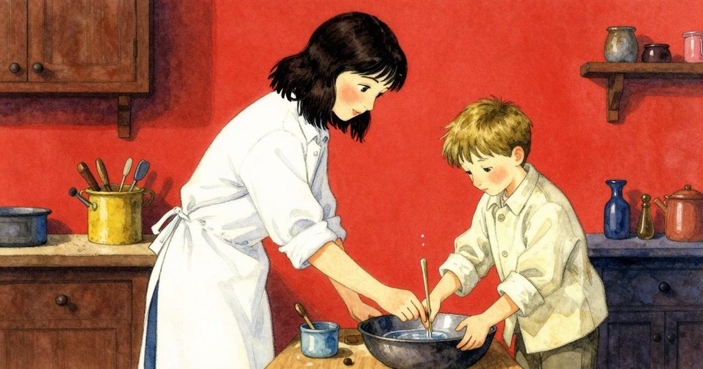 Iris與Ian在工作坊內各自忙碌，水滴落下與湯匙攪動產生層次感，背景呈現重疊畫面，展現藝術創作氛圍。