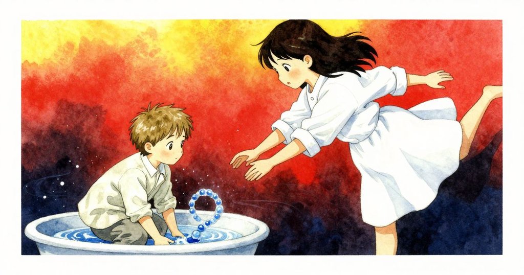 水槽內部特寫顯示一顆藍色珠子擴展成透明圓環，水面反射出柔和光影，充滿微妙藝術感。