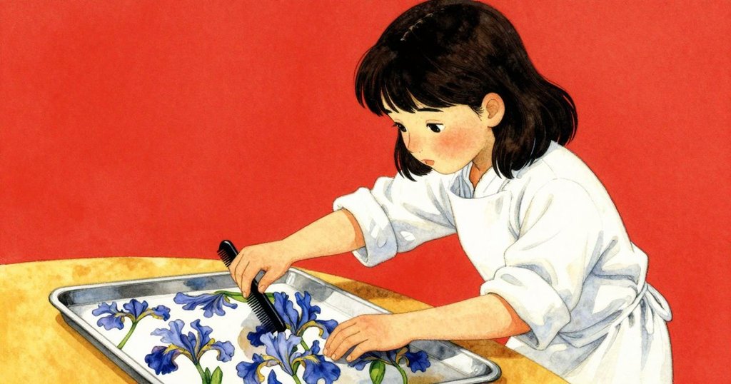 Iris在工作坊內發現托盤上形成的鏡像紋路，輕放梳子，臉上流露出驚奇與滿意，動作柔和。