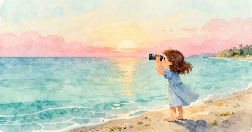 喬西在黎明時走向淺灘，手持玻璃觀景器，海邊光線溫暖，展現期待與好奇