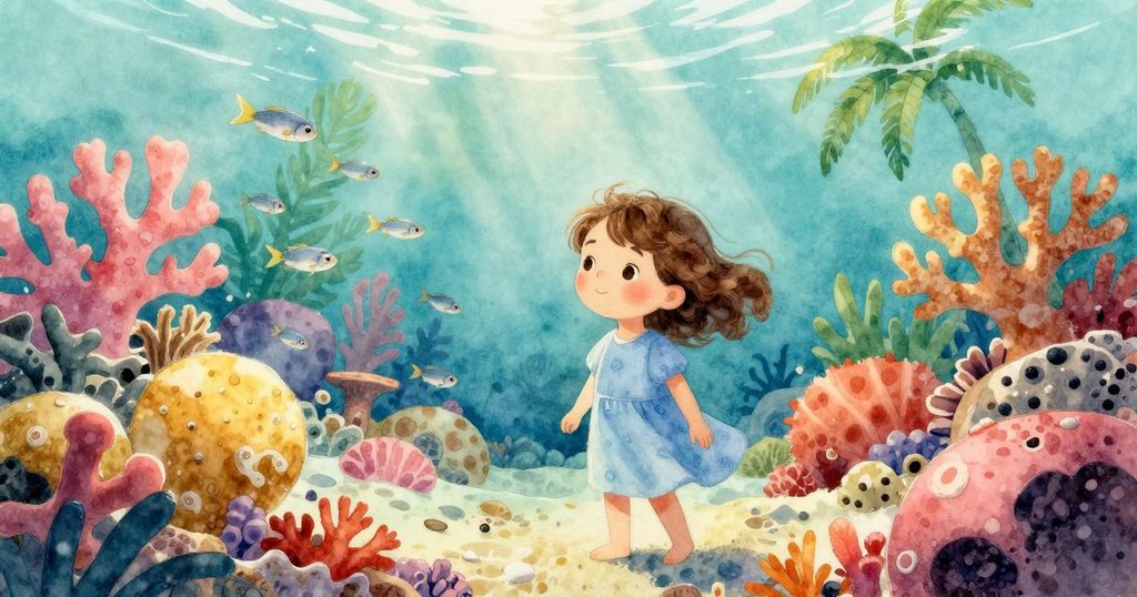 展示海灣水下世界，珊瑚叢和迴游的銀色小魚，陽光灑透水面，營造神奇季節氛圍