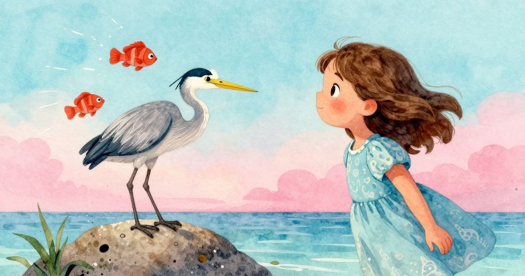 灰鷺用節奏感在岩石輕拍，驚起紅鯡魚如彩紙飛散，整個場景充滿動感與活力