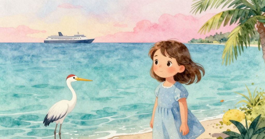 喬西與灰鷺置身遼闊藍海，小巧而鮮明，遠處巨輪低鳴，展現海洋與自然之間的微妙平衡