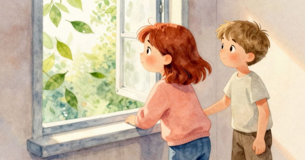 Waverly 注視著開著的窗戶, 感知外頭隨風搖曳的落葉及車輪聲, 室內暖光與戶外活力交融, 表情沉思