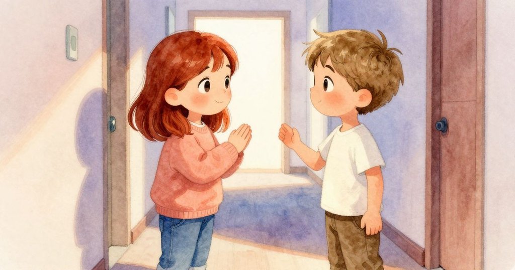 Waverly 與 Troy 在走廊中輕聲問候, 眼神交流傳遞溫馨連結, 燈光柔和, 走廊背景簡約