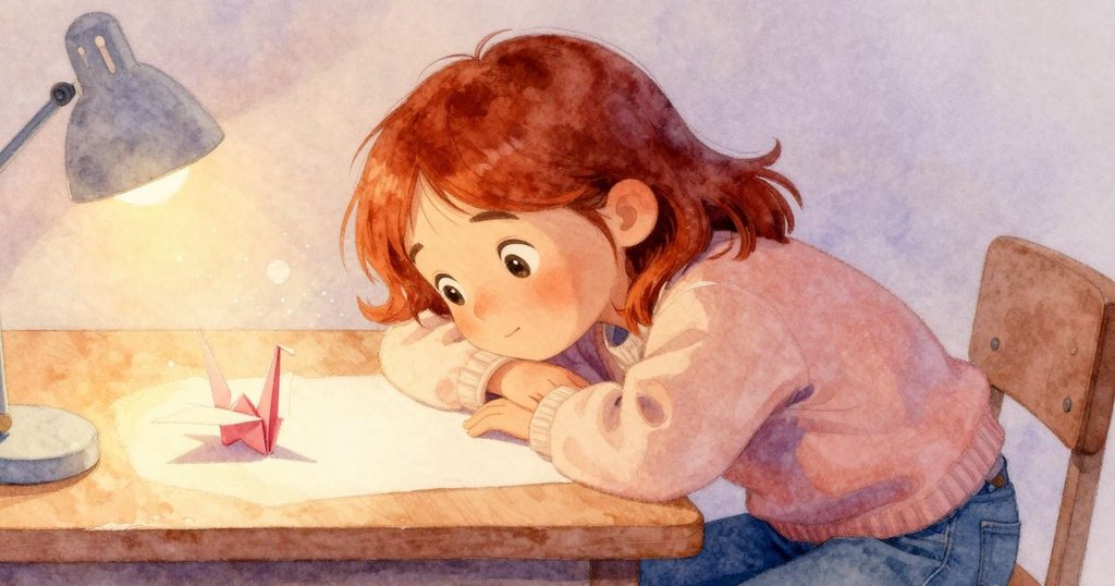 Waverly 坐在桌旁休息, 眼神柔和反思, 燈光照亮完成的紙鶴與飛舞塵埃, 營造靜謐結局