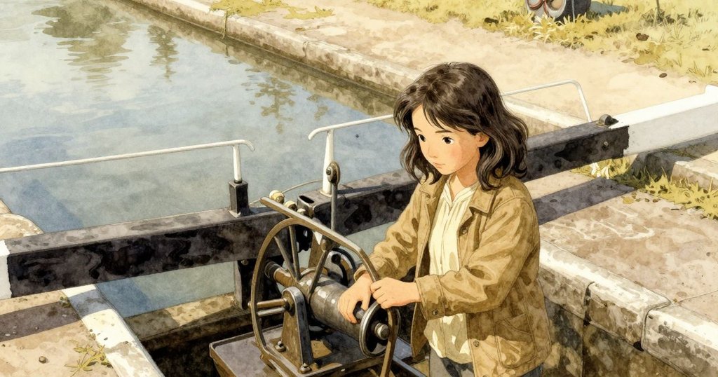 Hedy 正在操作平衡桿，從上方拍攝整個古鎖閘，水慢慢流入室內，神情專注