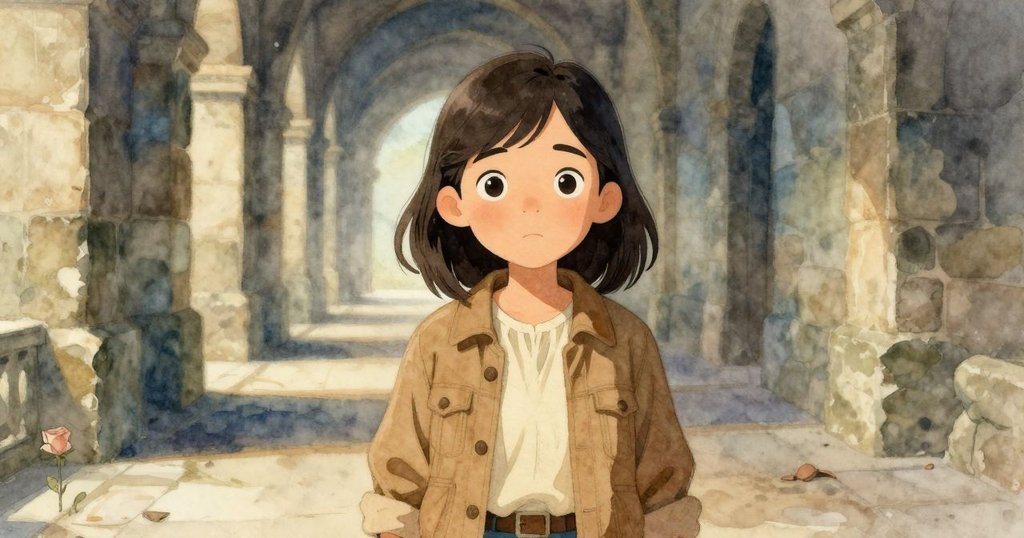 Hedy 短暫停下，注視石牆縫隙中透入的光線，環境中留有大量空白，神情沉思