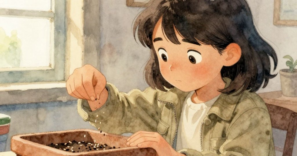 Hedy 從船頂窗外望入，檢查秋日枯土的花盆，手中輕灑種子，神情溫柔