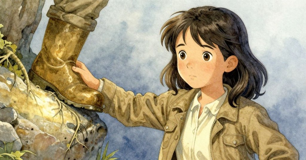 Hedy 慢步沿水道，注意到石縫中根系和刻痕，微距捕捉細節，情緒專注悠然