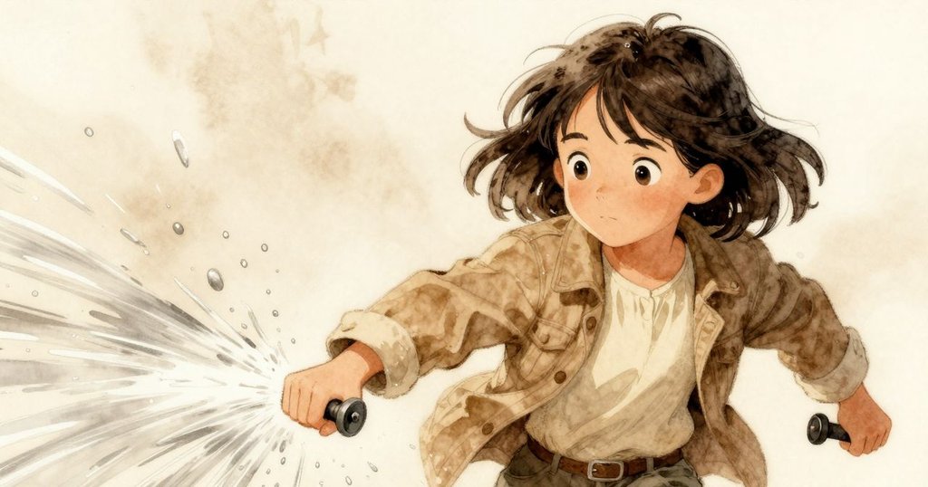 Hedy 快速動作轉動桿柄，捕捉咆哮激流和灑落水珠，情緒集中帶動緊張氣氛