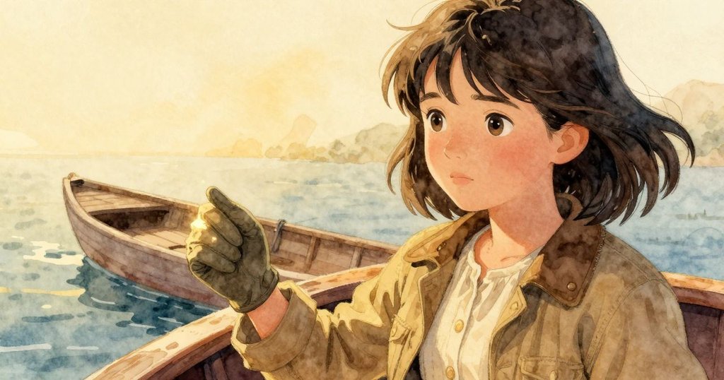 Hedy 回首凝望逐漸遠去的鎖閘，手中破損手套在金光中閃爍，情感溫柔告別