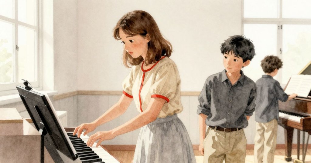 Marisol正在調整樂器槓桿,Beckett在窗邊注視,背景為充滿陽光和溫暖氛圍的音樂室,開始展開故事。