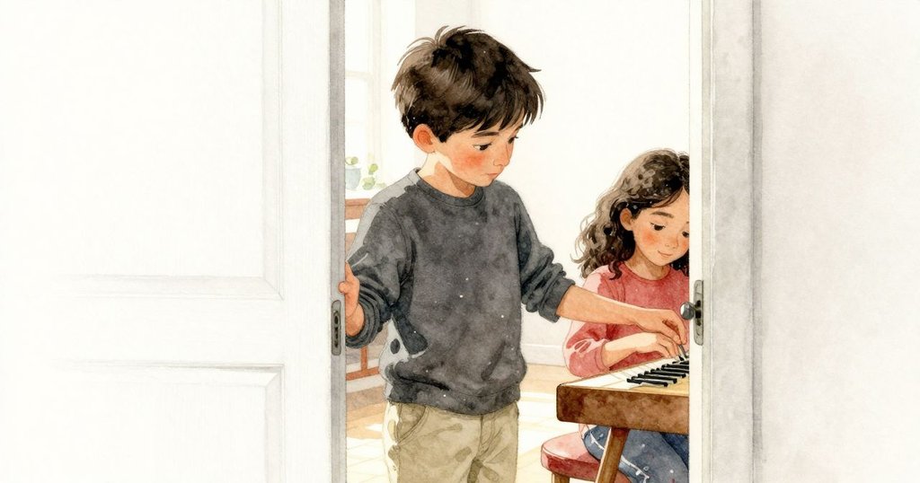 Beckett從門框後靜靜觀望Marisol操作,陽光灑入室內,微塵隨光飄動,透露出細膩創作情緒。