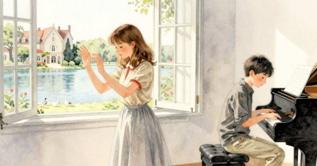 音樂室全景展現Marisol與Beckett專心作業,窗外映出湖畔莊園及近處鵝鳴,結局呈現室內外和諧統一的溫暖畫面。
