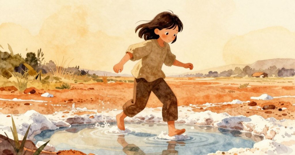 昆恩踏上鹽池脆弱表面，背景反映著平靜水面與桶影，情境開啟自然寧靜氛圍