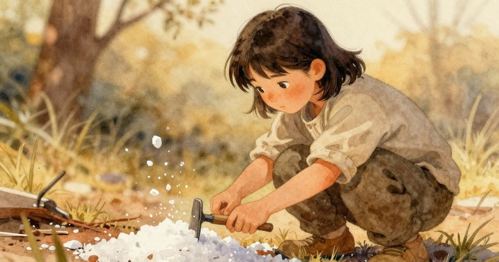 昆恩專注操控耙子，手部細節和飛散鹽晶互動，表情堅毅中流露溫柔情感