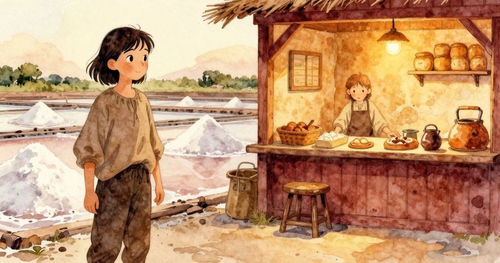 昆恩分畫面呈現戶外採鹽與溫馨烘焙回憶，雙重場景融合過去與現實，表情專注又懷舊