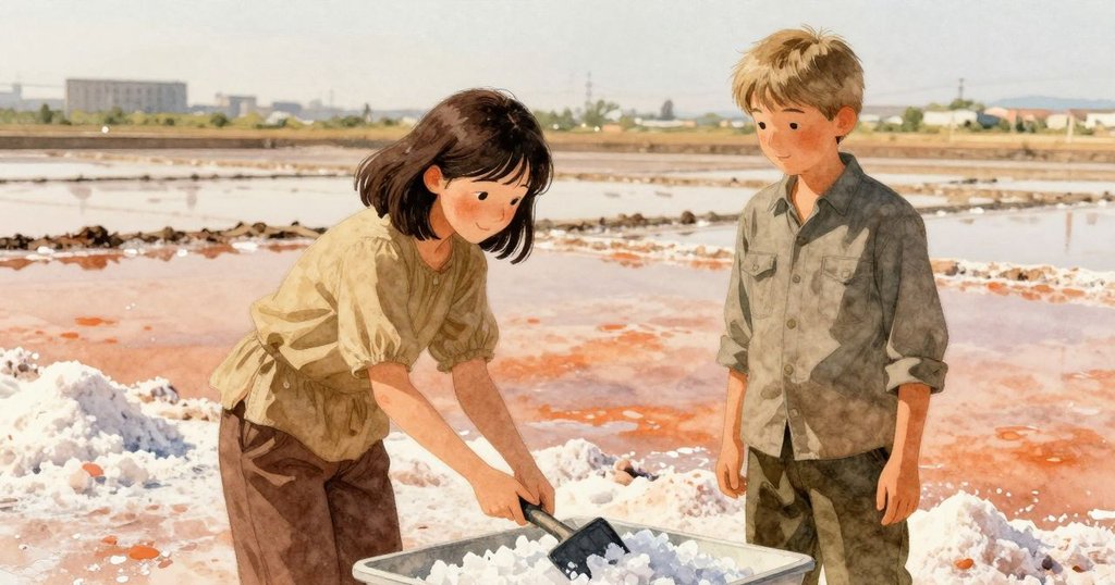 昆恩與希斯同在鹽池收集鹽晶，希斯提著鏟子運送水晶，兩人共享靜謐慶祝時刻，溫情流露