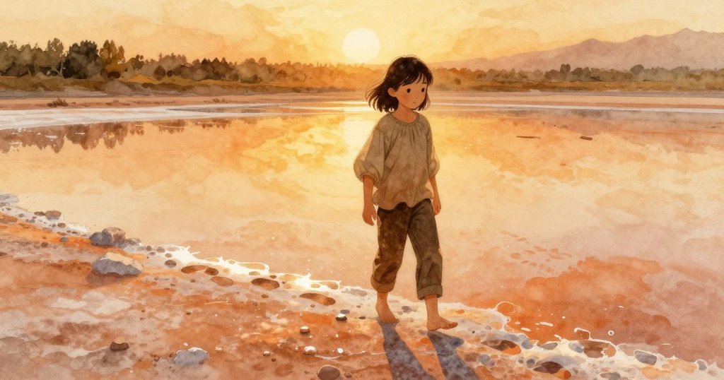 昆恩於傍晚靜賞鹽池收成，全景呈現斑駁足跡與微風拂過鹽脊，展現寧靜終局的美好氛圍