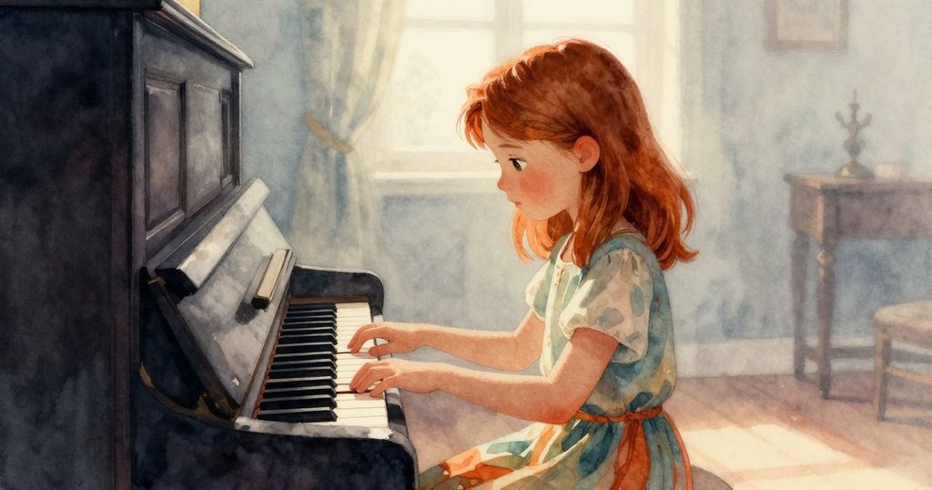Ruby在柔和晨光中開始調整老式鋼琴，房間彌漫著晨霧，神情專注，展現故事開端