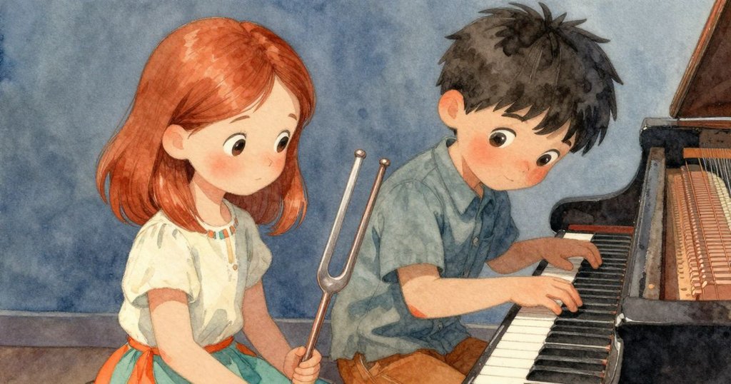 Ruby輕觸調音叉與銅線琴鍵特寫，細膩動作展現調整細節，場景溫暖柔和