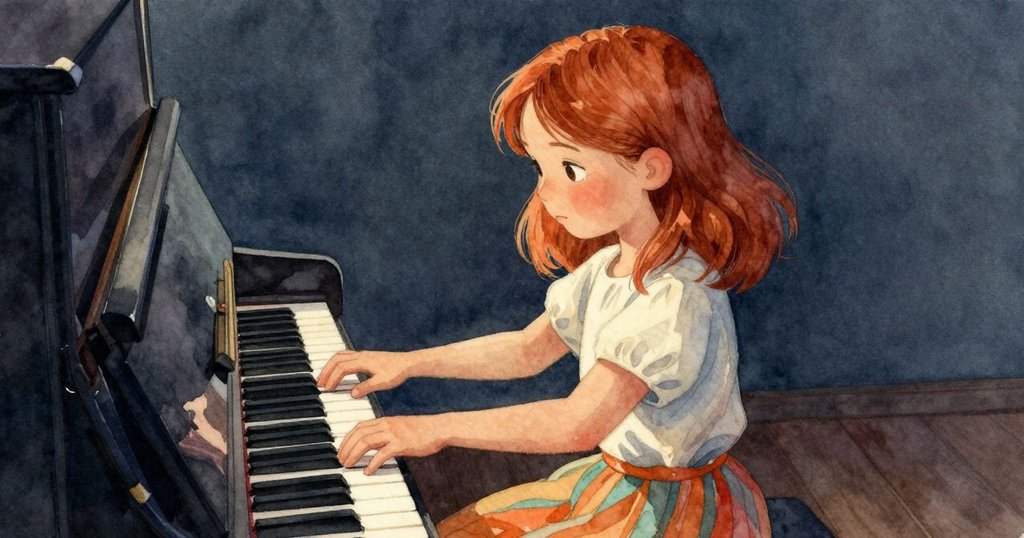 從傾斜視角展示Ruby專注調整鋼琴槓桿，橡膠靜音器隨動展現動態詩意場景