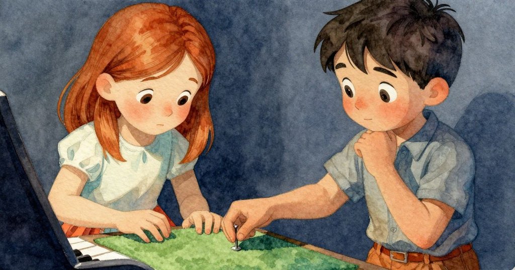 Ruby停下動作仔細察看琴面綠毛絨上彎曲釘書針特寫，溫柔光線聚焦小細節，展現轉折瞬間