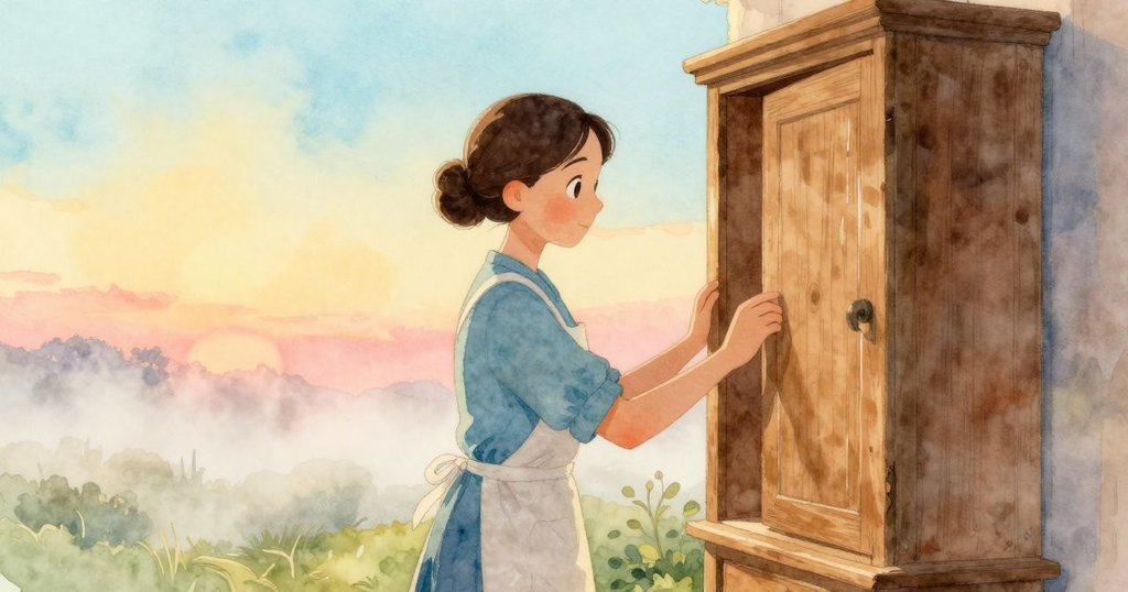 凱雅在黎明的柔和燈光中打開治療櫃, 期待地檢查漆面的光澤, 溫暖的工作室中充滿晨霧與柔和光線。