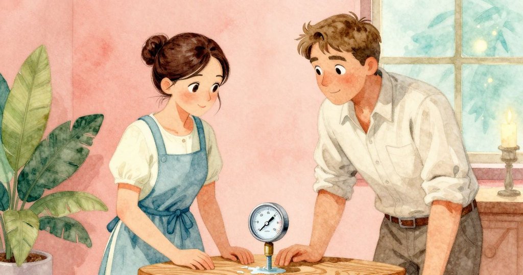 近景展示濕度計指針低於常點, 水絲優雅地溢過黏亮木板, 燭光柔和映照, 細節豐富。