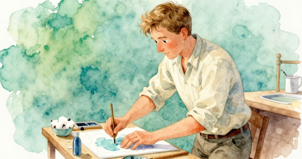 提奧從肩後視角專注用棉花紙輕輕擦拭積水, 觀察濕度計與溢出的水絲, 氣氛緊張而溫暖。