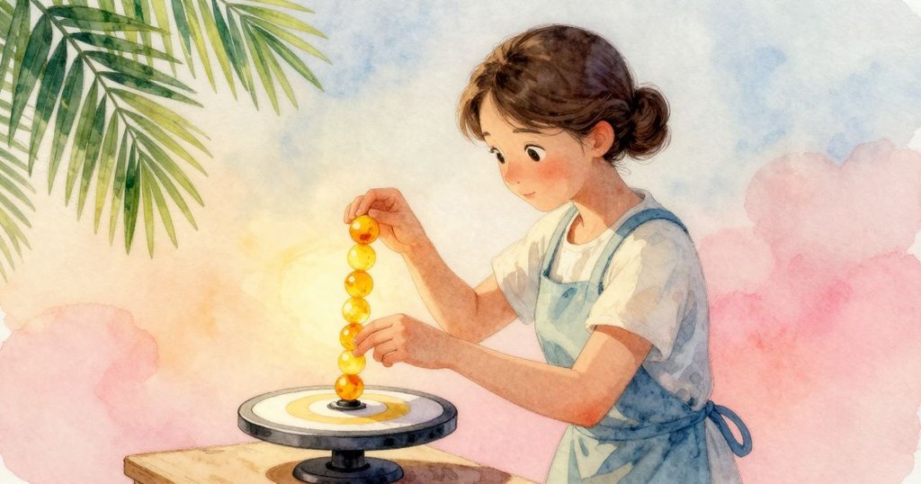 凱雅穩定轉盤, 以輕敲三次的節奏使樹脂珠移動, 聚焦她專注的手部動作, 場景充滿溫暖燭光。