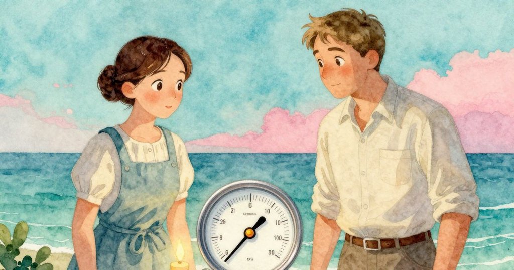 最終靜謐時刻, 濕度計指針正居中央, 一顆琥珀色珠映著燭光, 場景寧靜傳達平衡與解脫。