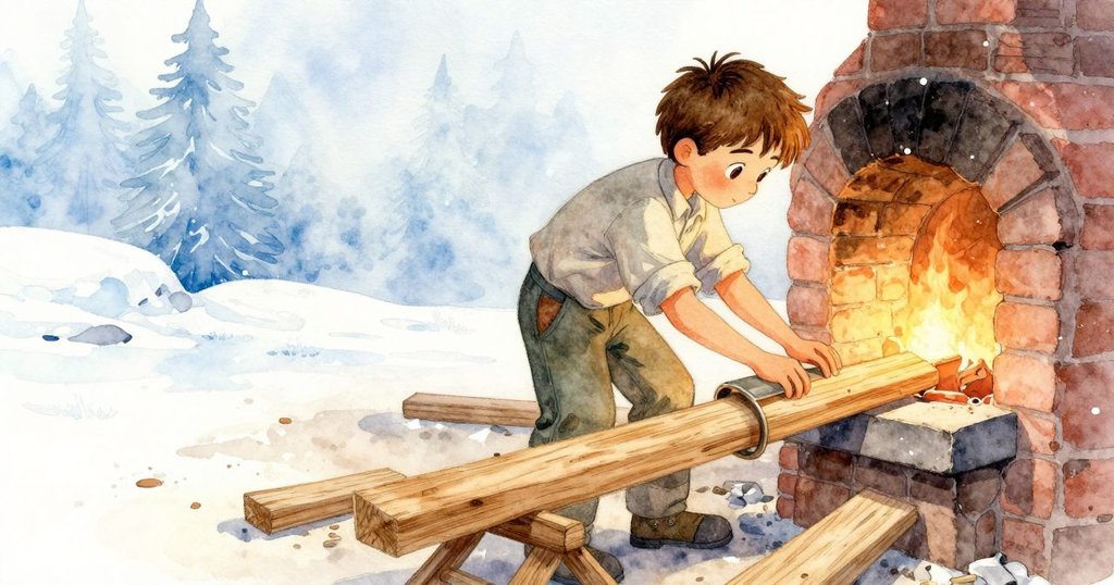 霍利斯在傾斜的畫面中用鐵撥推木塊，窯旁磚牆散發溫暖光芒，灰燼飛舞，場景充滿疑惑與活力。