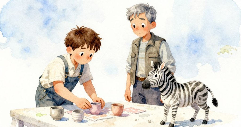 工作桌上排列的未上釉杯子與飄 curling 的布方塊，在傾斜視角中透露出缺失錐子的神秘情節。