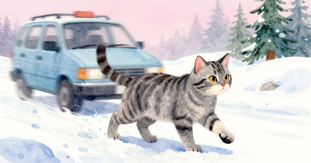 灰貓輕步走向陰影，背上留有淡條紋，背景中貨車疾馳而過，營造出場景動感與溫冷交織。