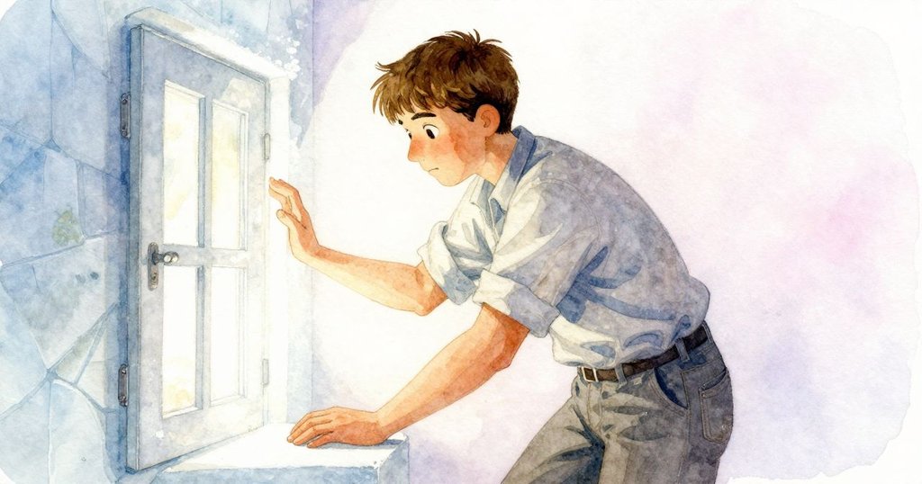 霍利斯在窯門旁停步沉思，手觸磚牆傳遞暖意，神情中透露內心掙扎和追憶有序桌佈。