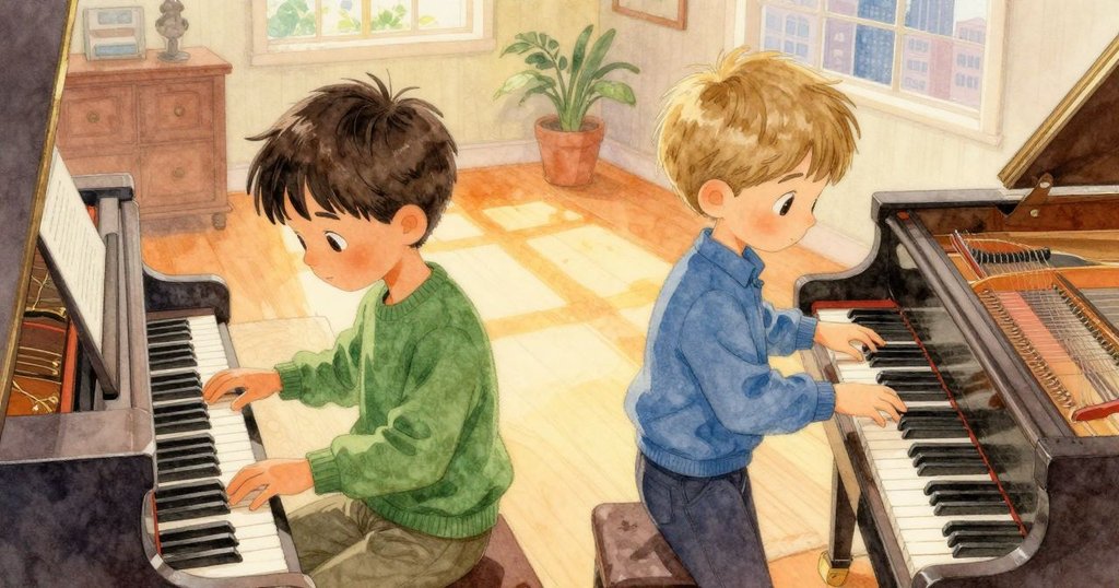 芬坦打開鋼琴蓋，露出弦和毛氈的城市，菲力克斯在背景準備午餐，室內充滿溫暖光線與時鐘滴答聲