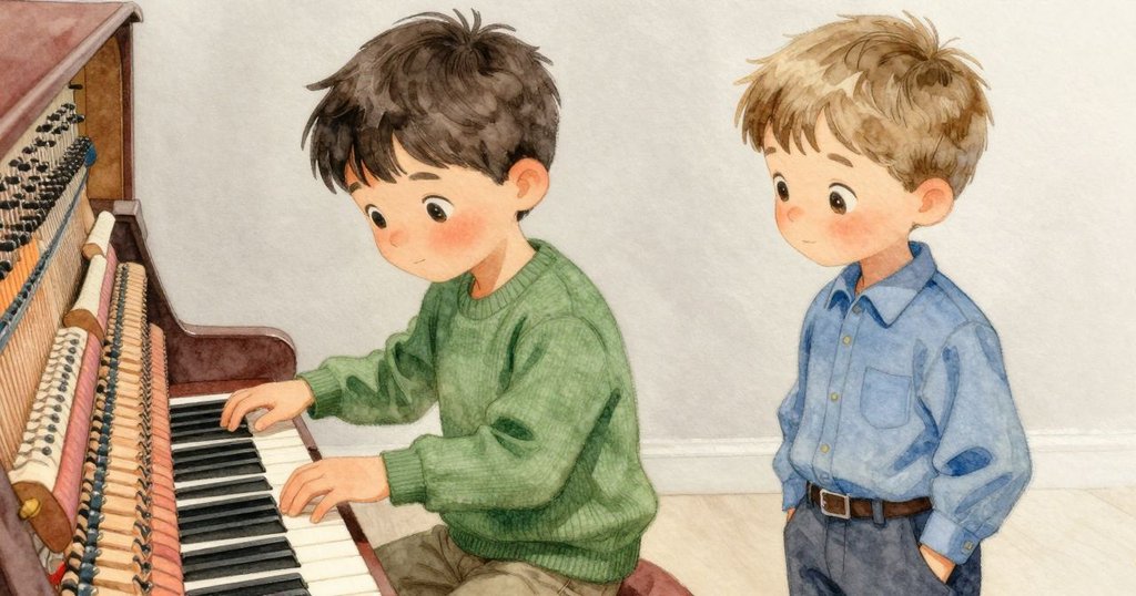 芬坦的手輕觸調音桿與橡膠靜音器，特寫展現鋼琴弦與質感豐富的內部細節