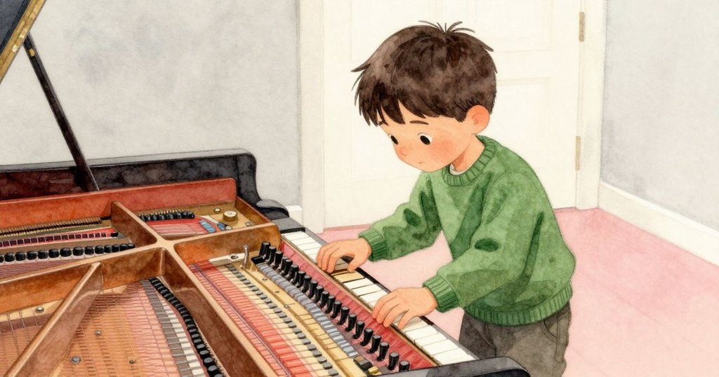 芬坦在鋼琴內部探索隱藏空間，低角度展現調音桿與精密弦列，營造出寧靜神秘的氛圍