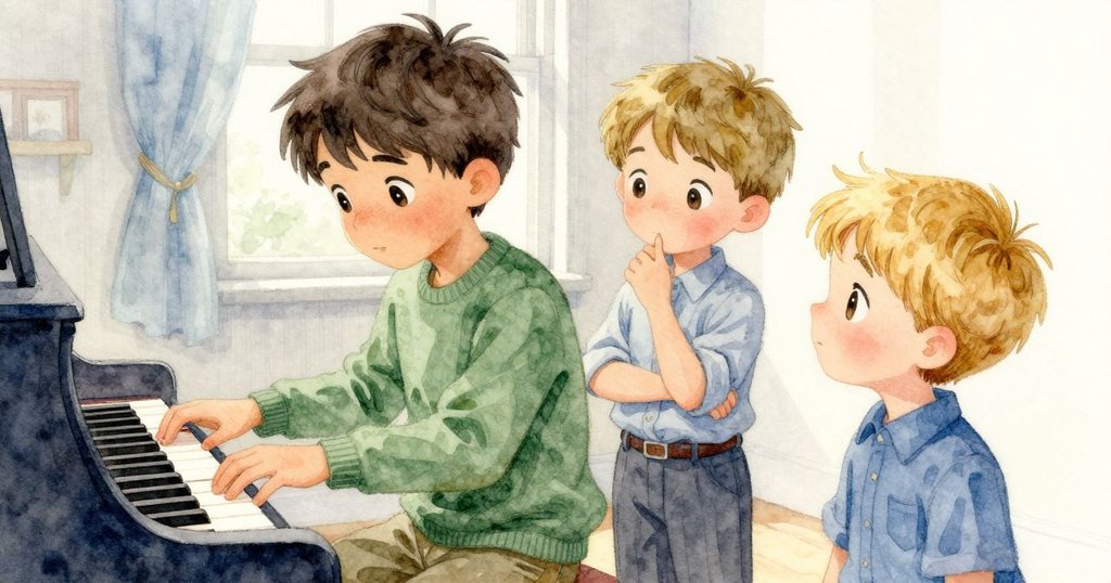 芬坦與菲力克斯驚覺鋼琴音與暖氣管咯吱聲合而為一，彼此眼神傳遞著驚喜與沉思