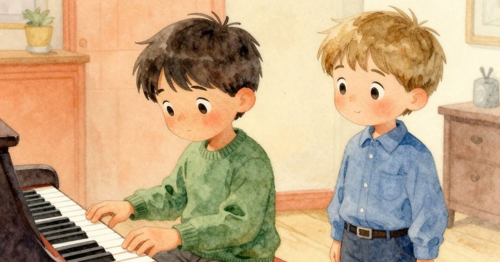 最後時刻，芬坦溫柔觸碰鋼琴鍵，菲力克斯靜靜觀察，象徵聲音與寧靜完美融合，氛圍溫馨