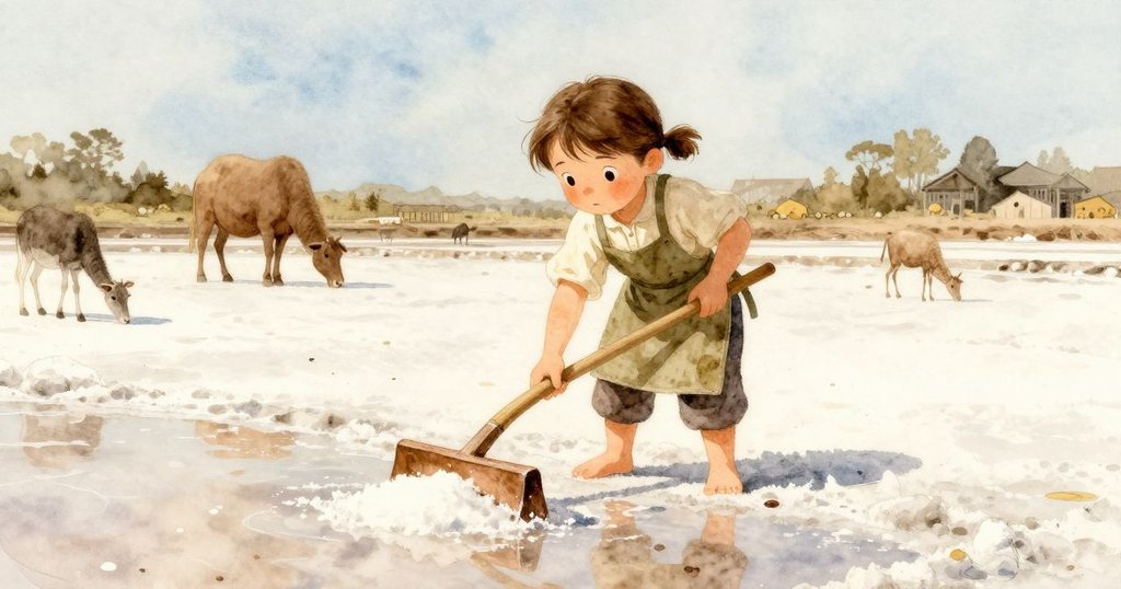 科琳在曙光下整理鹽灘,手持耙子忙碌,老狗奔跑,眾多小動物穿梭在鹽面上,展現出一天的開始